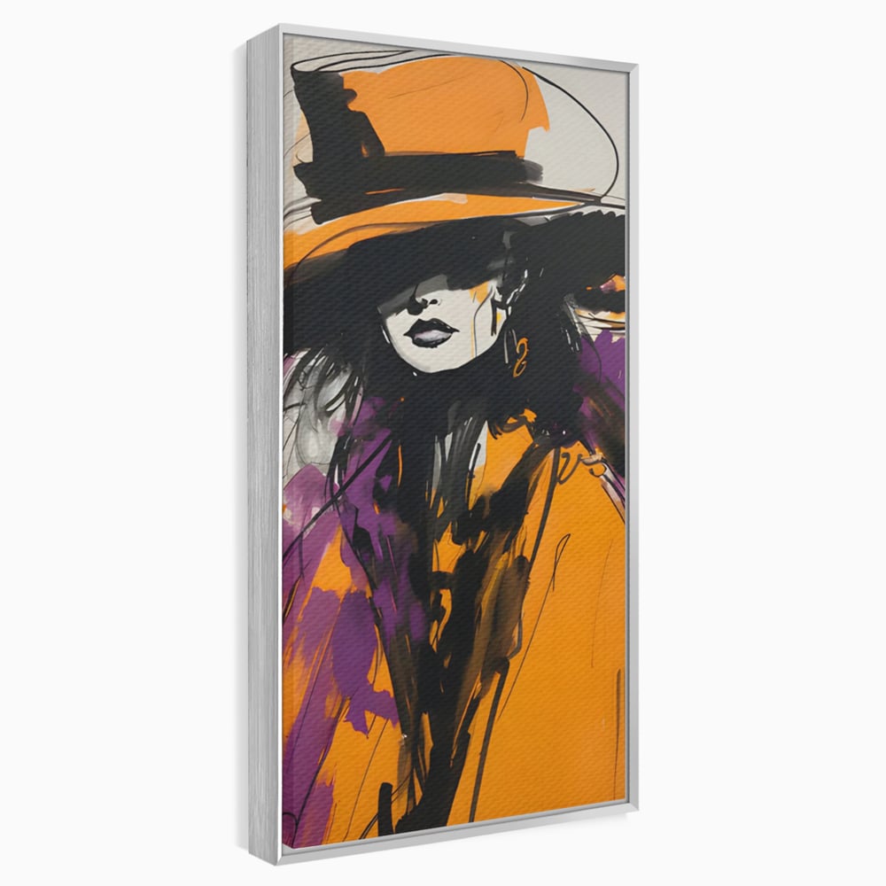 Tablou canvas cu ilustratie portret femeie cu palarie portocalie, in rama de aluminiu argintiu